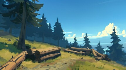 Sunny forest landscape with cut logs on hillside path.