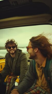 dynamic shot of friends driving in a convertible car through a scenic coastal road, adventure and freedom