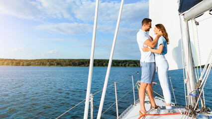 Couple On Yacht Having Date Hugging Standing On Sailboat Sailing At Seaside, Enjoying Romantic...
