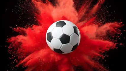 Fototapeta premium Soccer ball exploding in a burst of red paint, capturing dynamic energy and excitement of the game 