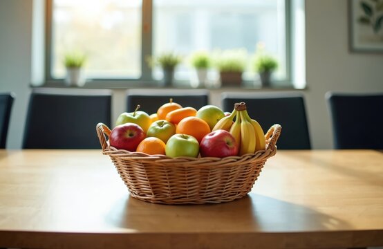 Fresh fruit basket on meeting table. Apples oranges bananas in wicker basket. Office setting, workplace. Healthy snack, vitamins. Corporate break, teamwork. Nutritious food, wellness.