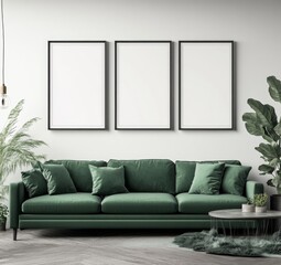 Modern living room mock-up with empty frames and a deep green velvet sofa