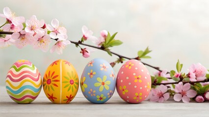 Fototapeta premium A collection of painted eggs perched atop a table beside a flower-laden branch 