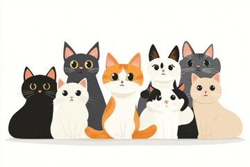 Fototapeta premium Group of adorable cats of varying colors sitting together happily