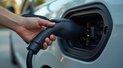 Hand of Electric Car Driver Plugging Charging Cable Showing Sustainable Transportation and Clean Energy
