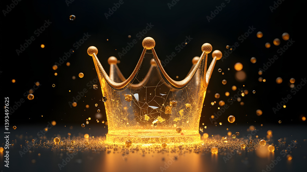 Poster glass crown half-rebuilt by golden nanobots with floating fragment geometry. 8k technological restor
