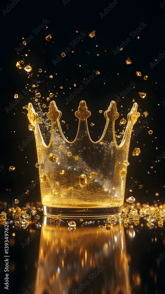 Poster glass crown half-rebuilt by golden nanobots with floating fragment geometry. 8k technological restor