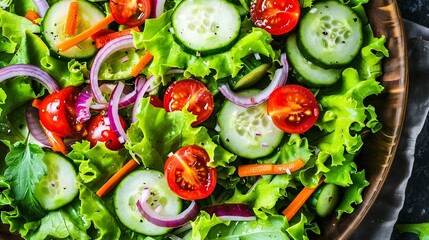 Fresh garden salad romaine iceberg lettuce cherry tomatoes cucumbers carrots and red onions lightly dressed with a classic vinaigrette top down view