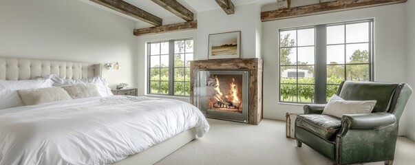 A chic bedroom with a corner glass fireplace