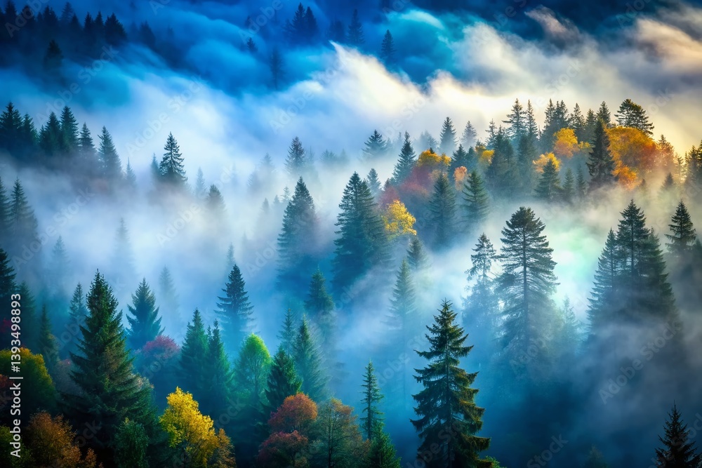 Poster enchanting misty forest a serene escape into natures embrace with copy space for your message