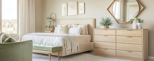 A chic bedroom with a sand-colored bed, light oak dressers, and a stylish geometric mirror