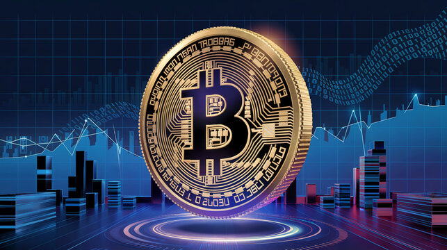 A large Bitcoin symbol stands prominently against a digital financial background filled with graphs and binary code