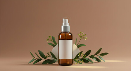 A bottle of perfume is placed on a table with some leaves