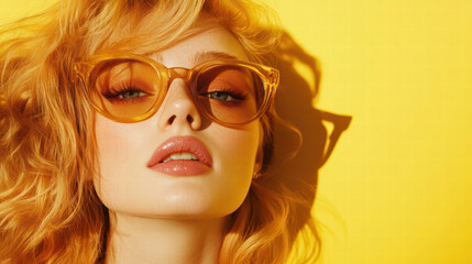 Obraz premium Radiant in Yellow: A striking portrait of a stylish woman, her face illuminated by the warm glow of a yellow background, accentuated by chic yellow sunglasses.