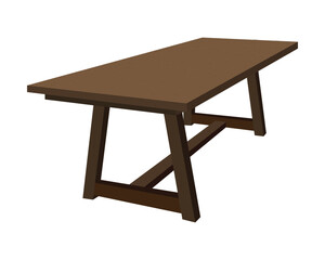 Wooden dining table illustration with angled legs and support beam in dark brown finish