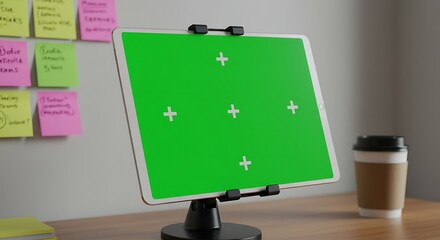 Digital workspace with green screen tablet display and brainstorming notes backdrop