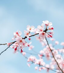 Soft-focus pastel cherry blossoms gently drifting on a light blue sky, sakura, calm, soft light