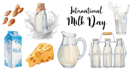 Watercolor set illustration. Milk jug, bottles with milk splash, carton packaging, glass of milk, cheese and almond isolated on a white background. International Milk Day.