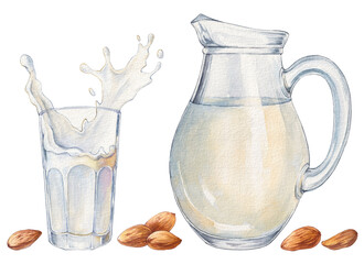 Dairy products. Jug with milk and glass. Watercolor hand drawn illustration, isolated on white background. International Milk Day.