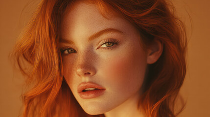 Radiant Portrait of a Woman with Red Hair: A mesmerizing portrait of a young woman with vibrant red hair, her expressive eyes reflecting a world of beauty and grace.