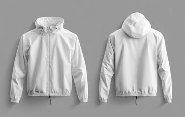 Display of Blank White Windbreaker Jacket Front and Back Mockup