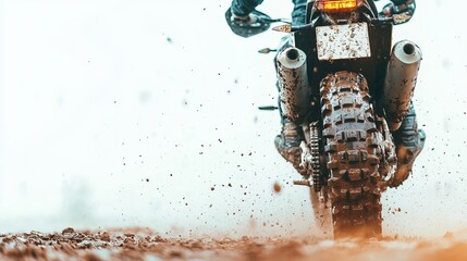 A motocross bike kicks up dirt and mud as it speeds through a rugged terrain, showcasing the thrill of off-road adventure.