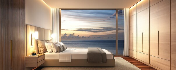 A chic bedroom with expansive windows that frame a dramatic ocean view under a twilight sky