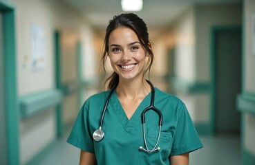Smiling nurse poses, wearing scrubs with stethoscope around neck in hospital. Medical worker, healthcare pro, beautiful woman in clinic interior. Concept of International Day of Midwives,