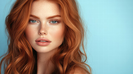 Fototapeta premium Radiant Beauty: A captivating portrait of a woman with fiery red hair and striking features, her mesmerizing blue eyes and freckled complexion exuding elegance and allure.
