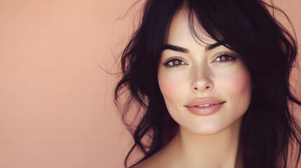 Obraz premium Radiant Beauty: Captivating portrait of a woman with flowing black hair and a gentle smile, showcasing her natural beauty and confidence. She radiates a timeless elegance and self-assuredness.