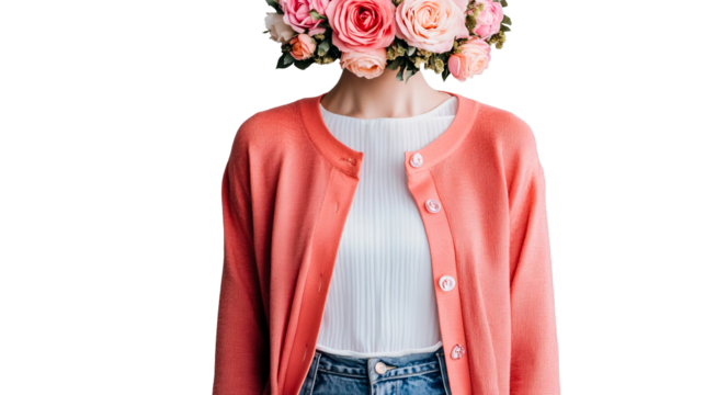 Woman with floral headpiece, stylish portrait, transparent background, cut out transparent