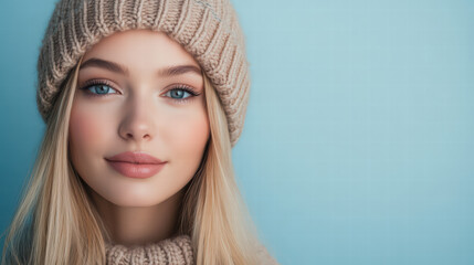 Winter Portrait: A captivating portrait of a beautiful woman radiates warmth and charm, accentuated by her blonde hair and knitted beanie. Perfect for winter campaigns.