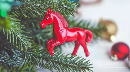Red Horse Christmas Ornament on Tree Branch
