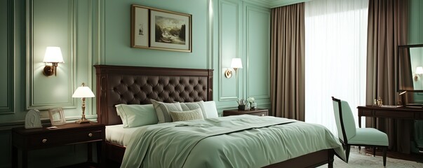 A chic bedroom with mint green walls and dark mahogany accents