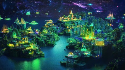 A cyberpunk world with floating neon islands, glowing lakes, and digital wildlife, all set against a backdrop of shimmering digital constellations, creating a vibrant and surreal environment.