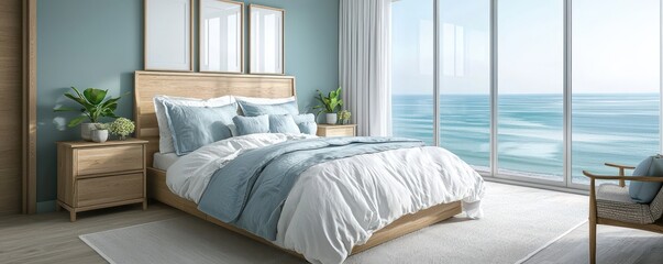 A chic coastal bedroom with bleached oak furniture and bedding in a palette of washed-out blues and whites, mimicking the ocean's colors