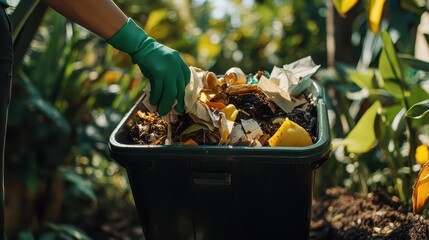 A person wearing green gloves is carrying an outdoor garden bin filled with organic waste to a compost pile