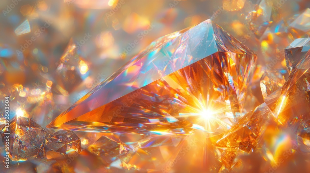 Poster faceted gemstone, gleaming with light, set amidst a pile of smaller gems