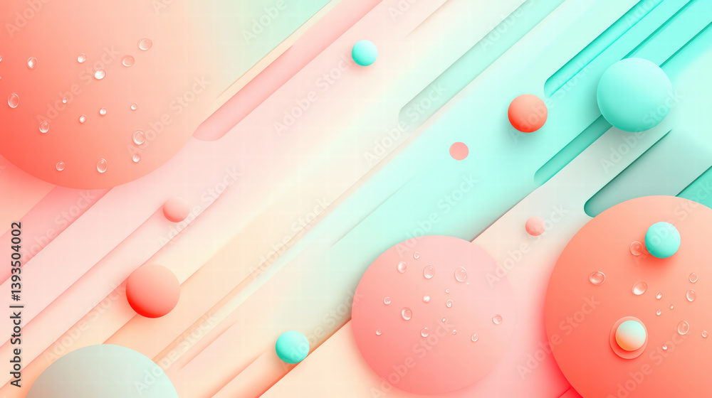 Poster abstract composition: pastel spheres and diagonal lines create a dreamy, minimalist design, evoking 