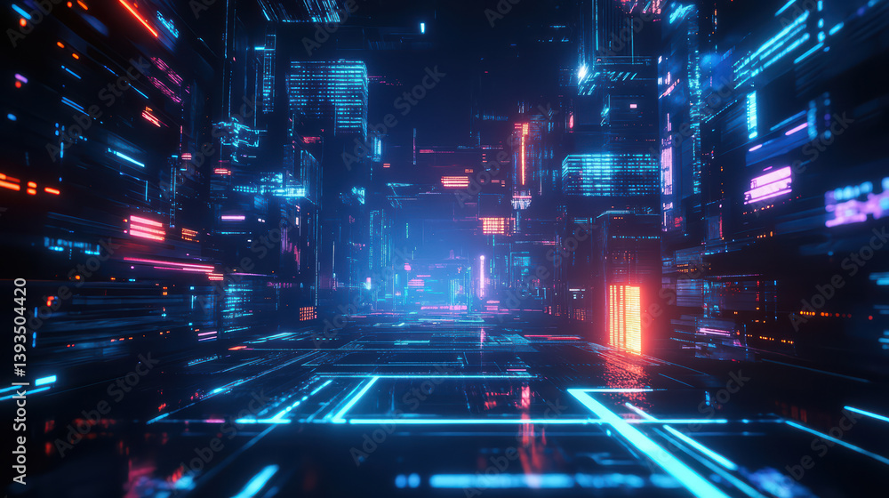 Aufkleber digital metropolis: a futuristic cityscape unfolds in a symphony of neon lights, showcasing a comple