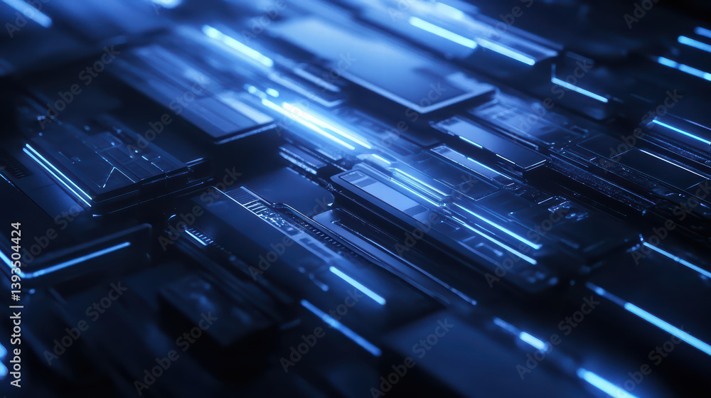 Poster technological blueprints: an abstract composition, bathed in cool blue light, showcases an intricate