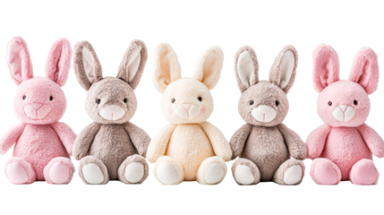 Row of plush rabbits, cute, cuddly, soft toys, Easter, cut out transparent
