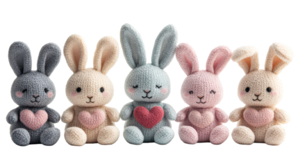 Five cuddly knitted bunny toys, heart, cute design , cut out transparent