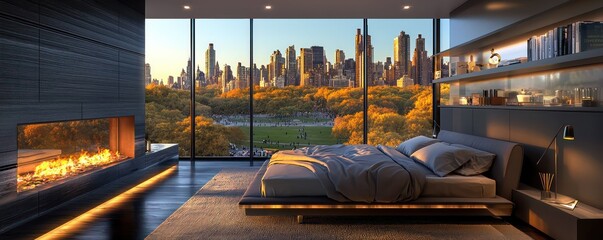 A chic master bedroom with panoramic windows showing a bustling urban park, and a minimalist ethanol fireplace