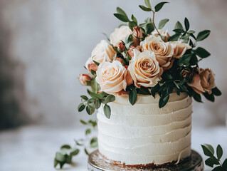 A beautiful wedding cake adorned with delicate peach roses and lush greenery sits elegantly on a silver stand against a neutral backdrop perfect for romantic celebrations.