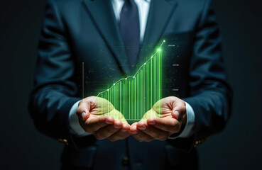 Businessman hands holding economic growth chart, business strategy. Digital graph with rising trend, financial data. Investment, economic development, successful business concept, increasing sales
