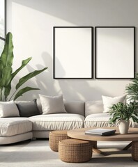 Modern, minimalist living room with natural light and plants.  Simple, neutral color scheme featuring a sectional sofa, coffee table, and framed artwork