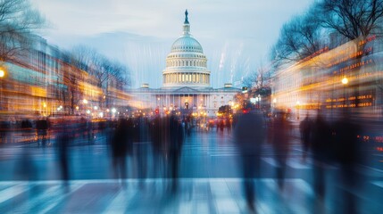The US Capitol building in Washington, DC, blurred motion of people walking on the street with binary code double exposure, concept for digital data and global business. 