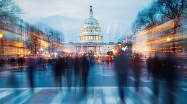 The US Capitol building in Washington, DC, blurred motion of people walking on the street with binary code double exposure, concept for digital data and global business. 