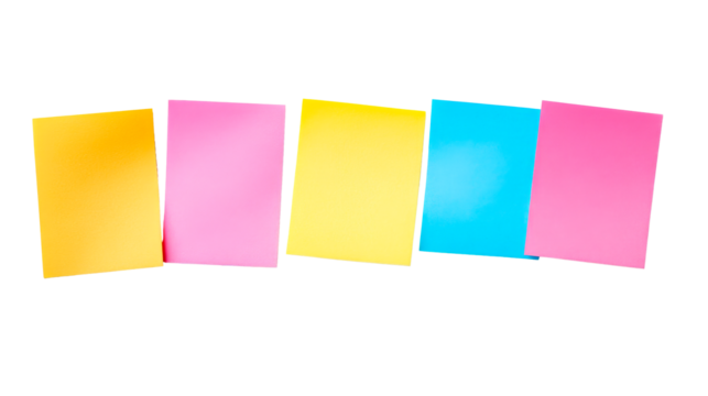 Row of colorful sticky notes on black background , cut out transparent